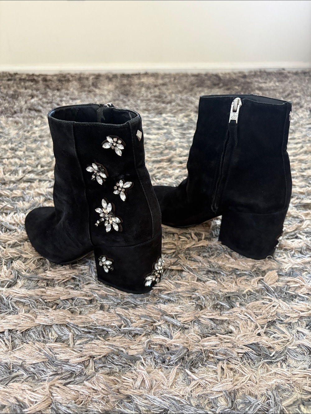 Sam Edelman Crystal Floral Block Heel Suede Booties 6